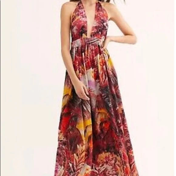 Free People Mika Maxi Dress Sunset Dreams Combo Halter Dress. Sz L - Picture 2 of 16